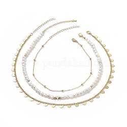 3 Uds. Juego de collares de cadena de satélite de latón de 3 estilos, Collares apilables con cuentas de perlas naturales y colgantes de corazón para mujer., dorado, 13.74~18.03 pulgada (34.9~45.8 cm), 1pc / estilo