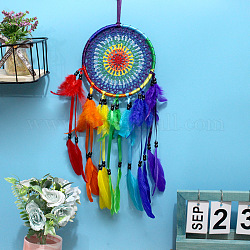 Polyester Thread Woven Net/Web with Feather Pendant Decoration, with Plastic Beads, Flat Round, Colorful, 50~55x16cm