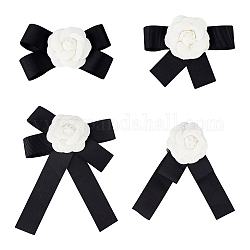 Anattasoul 4 Stück 4-Stil Polyester Kamelie Fliege Krawatte Anstecknadeln, Schleifenbroschen aus Platinlegierung für Damen, Schwarz, 70~123x110~156x25~28.5 mm, 1pc / style