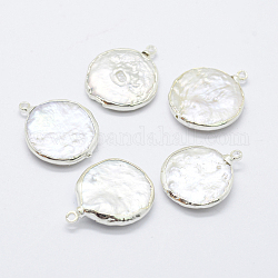 Natural Cultured Freshwater Pearl Pendants, with Brass Findings, Flat Round, Silver, 20~26x16~20x4~6mm, Hole: 1mm