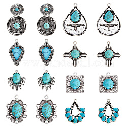 SUNNYCLUE 1 Box 16Pcs 8 Styles Large Turquoise Charms Gemstone Charms Vintage Style Synthetic Turquoise Stone Retro Alloy Fish Teardrop Square Big Charms for Jewelry Making Charm DIY Craft Supplies