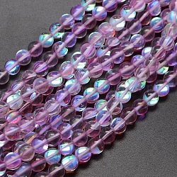 Chapelets de perles en pierre de lune synthétique, teinte, perles holographiques, demi couleur ab plaqué, ronde, moyen orchidée, 8mm, Trou: 1mm, Environ 49 pcs/chapelet, 15 pouce