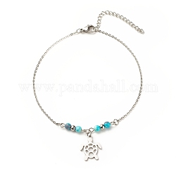 304 bracelet de cheville breloque tortue en acier inoxydable avec perles rondes en jade blanc naturel pour femme, platine et la couleur de l'acier inoxydable, 9-7/8 pouce (25 cm)