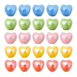 25 Stück handgefertigte Porzellanperlen in 5 Farben mit Perlmutteffekt, Herz, Mischfarbe, 10x10x7 mm, Bohrung: 1.8 mm, 5 Stk. je Farbe