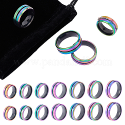Unicraftale 7 pz 7 anelli scanalati in acciaio inossidabile misura 304 set per uomo donna, con sacchetti di velluto rettangolari da 1 pz, colore arcobaleno, diametro interno: 16.6~21.7mm, 1pc / size