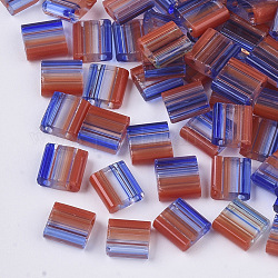 2 trous perles de rocaille de verre, perles de rocaille rayées, couleurs transparentes, deux tons, rectangle, bleu, 5x4.5~5.5x2~2.5mm, Trou: 0.5~0.8mm