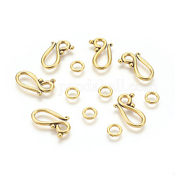 Tibetan Style Hook and Eye Clasps, Antique Golden, Lead Free and Cadmium Free, Hook: 12x20.5mm, Eye: 7.5mm, Hole: 5mm