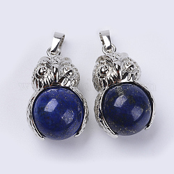 Pendentifs en lapis lazuli naturel, avec les accessoires en laiton de tonalité de platine, Chouette avec boule ronde, 31x18.5x16mm, Trou: 5x8mm