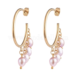 Dangle Chandelier Earrings, with Natural Cultured Freshwater Pearl Beads, 304 Stainless Steel Stud Earring Findings and Brass Findings, Golden, Pink, 47x37x6mm, Pin: 0.6mm