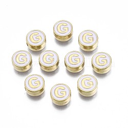 Perles d'émail en alliage, sans cadmium et sans plomb, or clair, rond et plat avec alphabet, blanc, letter.g, 8x4mm, Trou: 1.5mm
