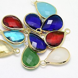 Golden Tone Brass Glass Teardrop Pendants, Mixed Color, 18x11x5mm, Hole: 2mm