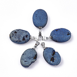 Electrochapa colgantes de ágata de geoda natural druzy, con fornituras de latón, oval, Platino, acero azul, 22.5x13.5x6.5mm, agujero: 4.5x4 mm