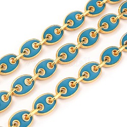 Golden Plated Alloy Enameled Coffee Bean Links Chains, Long-Lasting Plated, Cadmium Free & Lead Free, Unwelded, Turquoise, Coffee Bean: 11.5x8x2mm, Link: 8x5.5x1.2mm, about 32.8 Feet(10m)/roll