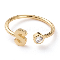 Brass Micro Pave Clear Cubic Zirconia Cuff Rings, Open Rings, Long-Lasting Plated, Real 18K Gold Plated, Letter.S, US Size 6, Inner Diameter: 17mm