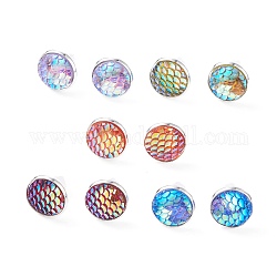Плоские круглые серьги-гвоздики в виде чешуи русалки, украшения из латуни для женщин, разноцветные, 15.5x13.5 мм, штифты : 0.7 мм