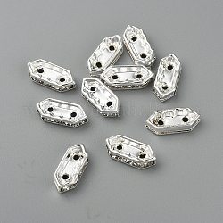 Brass Middle East Rhinestone Bridge Spacers, 10 pcs Clear Rhinestone Beads, Silver Color Plated, Nickel Free,  Hexagon, about 4.5mm wide, 11mm long, 2.5mm thick, hole: 1mm, 2 holes