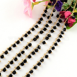 Handmade Brass Beaded Chains, Soldered, with Spool with Rondelle Glass Beads, Raw(Unplated), Black, 9mm, about 32.8 Feet(10m)/roll