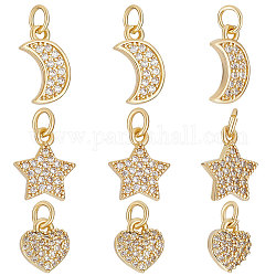 Beebeecraft 12Pcs 3 Style Brass Micro Pave Clear Cubic Zirconia Charms, Moon & Heart & Star Charm, with Jump Ring, Real 18K Gold Plated, 9~13x7~10x2~2.5mm, Hole: 2mm, 4pcs/style