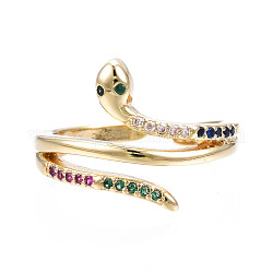 Кольцо-манжета в виде змеи с кубическим цирконием, открытое кольцо из латуни с покрытием из 18-каратного золота для женщин, без никеля , красочный, размер США 6 3/4 (17.1 мм)