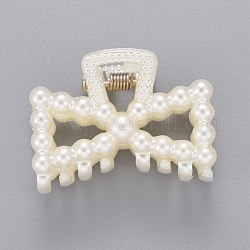Plastic Claw Hair Clips, with ABS Plastic Imitation Pearl Beads and Iron Findings, Bowknot, White, 29x39.5x26mm