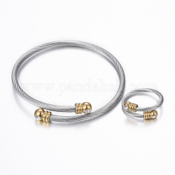 Set di braccialetti e anelli di coppia in acciaio inossidabile di tendenza, oro & colore acciaio inossidabile, 304 pollice (2-1/8 mm), 53mm