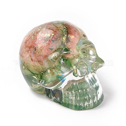 Perles de crâne de fluorite naturelle, crâne d'halloween en résine transparente avec feuille d'or, sans trou, vert de mer foncé, 23x22x25mm