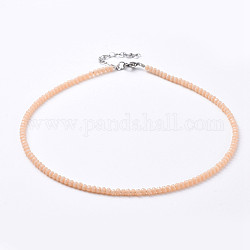 Faceted Rondelle Glass Beaded Necklaces, with Brass Crimp Beads, Stainless Steel Heart Link Chain Extender and Lobster Claw Clasps, PeachPuff, 14.37 inch(36.5cm)