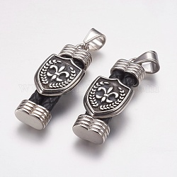 304 Stainless Steel Pendants, with Leather Cord, Rectangle with Badge, Black, Antique Silver & Stainless Steel Color, 43x17x9mm, Hole: 6x9mm