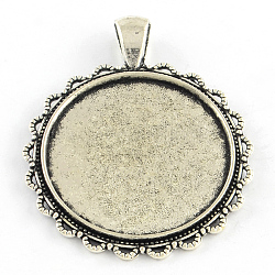 Tibetan Style Flat Round Alloy Pendant Cabochon Settings, Cadmium Free & Lead Free, Antique Silver, Tray: 30mm, 46.5x38x2.5mm, Hole: 7x4mm, about 136pcs/1000g