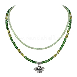 Bee Shape Pendant Necklaces Set, Transparent Glass Seed Beads Necklaces, Non-magnetic Synthetic Hematite Beads Necklaces for Women, Antique Silver, Green, 15.2~18.3 inch(38.5~46.5cm), 2pcs/set