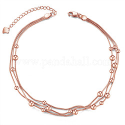 Shegrace 925 bracelet de cheville en argent sterling avec chaîne à trois couches et perles, or rose, 8-1/4 pouce (21 cm)