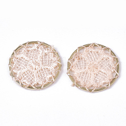 Décorations de pendentif tissées de polyester, avec les accessoires en fer, plat et circulaire avec fleur, or clair, rose brumeuse, 28x2mm
