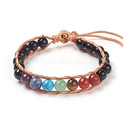 Natural Black Agate Cord Beaded Bracelets, Natural & Synthetic Mixed Stone, with Leather Cord and Alloy Clasps, Om Symbol, Antique Golden, 7-1/4 inch~8-1/8 inch(18.5~20.5cm), 1mm