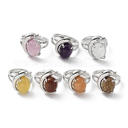 Natural & Synthetic Mixed Gemstone Oval with Dolphin Adjustable Ring, Platinum Brass Jewelry, Cadmium Free & Lead Free, Inner Diameter: 18mm