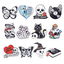 12Pcs 12 Style Skull & Rose & Heart & Mushroom & Butterfly Enamel Pin, Electrophoresis Black Alloy Halloween Badge for Backpack Clothes, Mixed Color, 22~35x20~30.5x1.5~9.5mm, Pin: 1~1.3mm, 1Pc/style