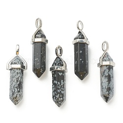 Pendentifs de flocon de neige en obsidienne naturelle, avec les accessoires en laiton de tonalité de platine, balle, 39.5x12x11.5mm, Trou: 4.5x2.8mm