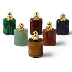 Pendentifs de bouteille de parfum ouvrants en pierres précieuses mixtes naturelles et synthétiques, avec les accessoires en laiton, rectangle, or, 30~33x18.5x12.5~13.5mm, Trou: 2mm, capacité: 1 ml (0.03 oz liq.)
