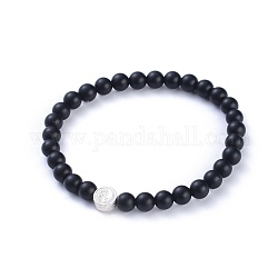Feng Shui Natural Black Agate(Dyed) Beaded Stretch Bracelets, with 925 Sterling Silver Beads and Jewelry Box, Flat Round with Yin Yang, 2-1/8 inch(55mm)