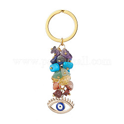 Porte-clés pendentif en alliage d'émail, 7 porte-clés pendentif puce de pierre précieuse chakra, or, oeil, 7.9 cm, pendentif: 52x21 mm