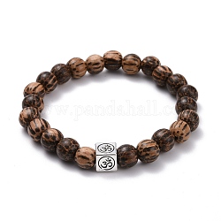 Bracelet extensible perles rondes en bois bodhi naturel ciré, symbole om alliage cube perles européennes bracelet de yoga pour hommes femmes, selle marron, diamètre intérieur: 2-1/8 pouce (5.4 cm)