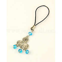 Glass Mobile Straps, with Tibetan Style Chandelier Components and Nylon Cord, Triangle, DeepSky Blue, 90mm