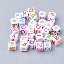 Perles acryliques, trou horizontal, cube avec lettre de couleur mixte, lettre, 6x6x6mm, Trou: 3mm, environ 2600 pcs/500 g