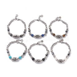 Perlenarmband aus gemischten Edelsteinen für Mädchen und Frauen, 201 Kettenarmband aus Edelstahl mit Säulenperlen, antikem Silber und Edelstahl Farbe, 7-5/8 Zoll (19.5 cm)