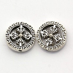 Brass Beads, Flat Round with Cross, Antique Silver, 14x7mm, Hole: 2.5mm
