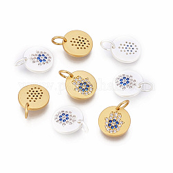 Brass Micro Pave Cubic Zirconia Charms, Flat Round with Hamsa Hand/Hand of Fatima /Hand of Miriam, Mixed Color, 10.5x1.5mm, Hole: 3~3.5mm