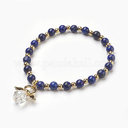 Natural Lapis Lazuli(Dyed) Beads Stretch Charm Bracelets, with Brass and Alloy Findings, Angel, 2-1/8 inch(5.4cm), Charm: 21x19x10mm