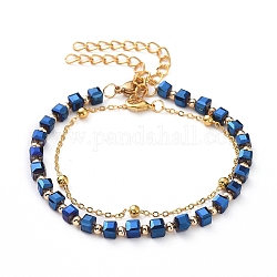 Beaded Bracelets and Chain Bracelets Sets, Stackable Bracelets, with Brass Cable Chains and Faceted Glass Beads, 304 Stainless Steel/Brass Lobster Claw Clasps, Blue, 6-7/8 inch(17.5cm), 7-5/8 inch(19.5cm), 2pcs/set