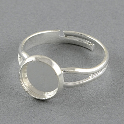 Adjustable Brass Pad Ring Settings, Flat Round, Silver, 17mm, flat round: 9mm, Tray: 8mm