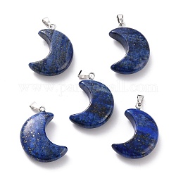 Naturales lapis lazuli colgantes, con presillas de latón platino, luna, 29x18~21x7~10mm, agujero: 6x3 mm