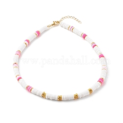Polymer Clay Heishi Beaded Necklaces, with Brass Beads and 304 Stainless Steel Lobster Claw Clasps, Golden, Hot Pink, 15.75 inch(40cm)
